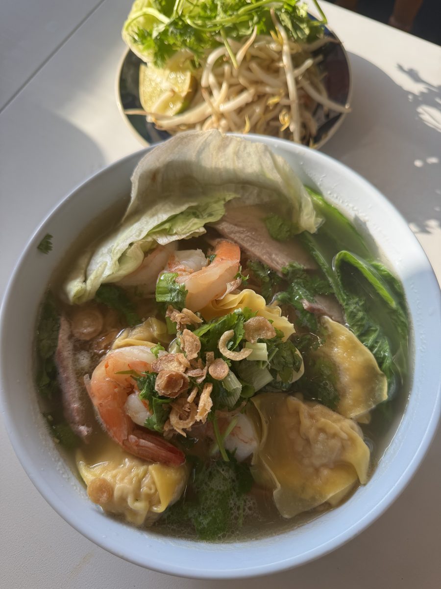 Bowl of wonton noodle soup with shrimp and greens in clear broth